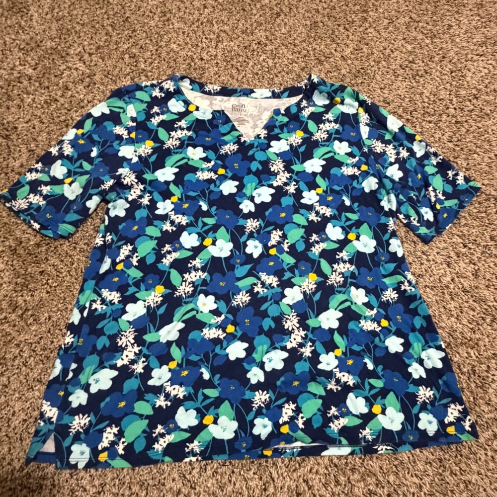 Croft & Barrow Womens Large Blue Floral Cotton Short Sleeve Split V-Neck Tee